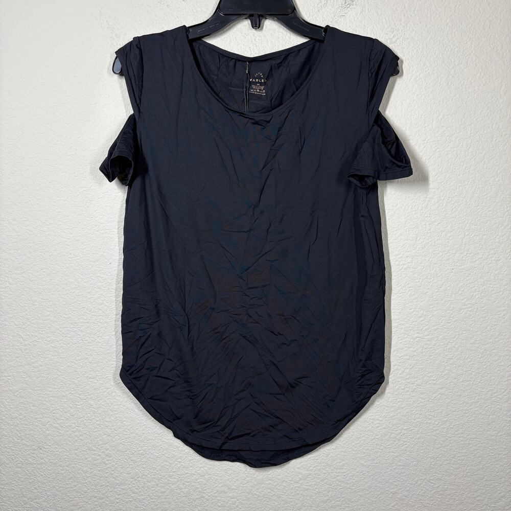 Varley XS Cold Shoulder Activewear Top Black Crew Neck Short Sleeves Stretch